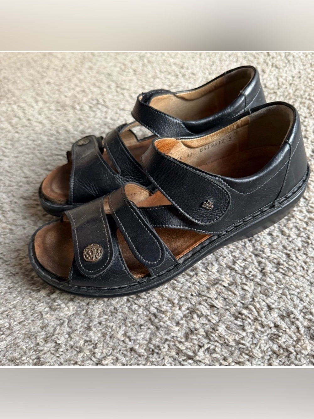 Finn Comfort Black Leather Open Toe Shoes Sandals with Hook & Loop Straps EU 41